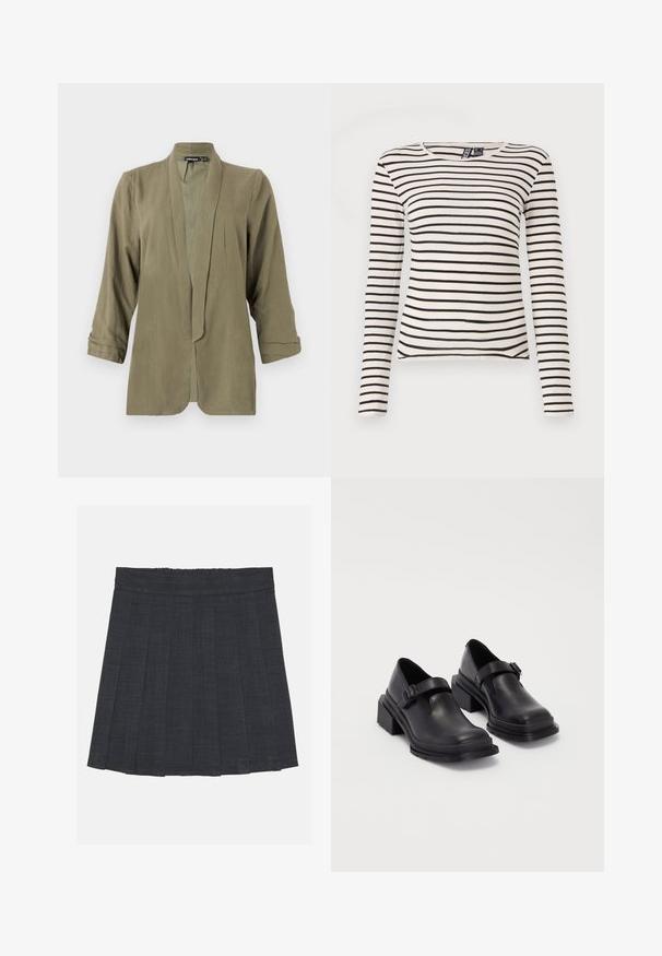 Olive rohelise värvusega kerge bleiser, avatud esiosaga disain, kolme neljandiku pikkustega varrukad, pehme tekstuur, esiosal volangid, ilma kinnituste või mustrickingeta.; Vöödiline pikakäiseline topp kreemi ja musta värviga. Omab ribakat tekstuuri ja ümmargust kaelust. Sirge alläärega, millel on kerged külgjagajad.; Tumeda hall pleediga seelik elastse vöökohaga, milles on tekstuuriga kangas ja klassikaline A-line siluett. Sobib igapäevaseks kandmiseks.; Mustad mustad jalanõud ümmarguse varbaga, tasase tallaga ja kinnitusega rihmaga, millel on pandla detail. Suure plokknina, mis tagab lisastabiilsuse.