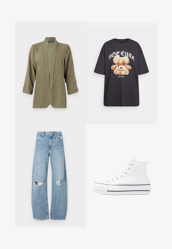 Olive rohelise värvusega kerge bleiser, avatud esiosaga disain, kolme neljandiku pikkustega varrukad, pehme tekstuur, esiosal volangid, ilma kinnituste või mustrickingeta.; Musthave musta t-särk, millel on karu graafika ja tekst "EI NII NÄDALA, KUID MÄRG" paksult valgete tähtedega. Puuvillane materjal.; Heledad hallideega sinised teksad, millel on kõrge talje. Teksade jalgadel on lai alus, kaks rebitud kohta põlvede ümber ning klassikaline viie tasku stiil.; Valge kõrgem kangast tenniseking, millel on must kummist tald, ees kummist varvasetugi ja kuus aukku paelte jaoks, pakkudes puhta ja minimalistliku disaini.