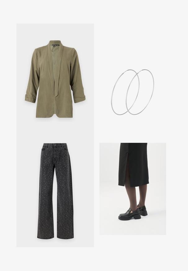 Vihreä oliivinvärinen kevyt bleiseri, avoin etuosa, kolme neljäsosaa pitkät hihat, pehmeä rakenne, edessä poimutukset, ilman kiinnityksiä tai kuvioita.; Mustat pitkähihaiset paita, joka on valmistettu läpikuultavasta materiaalista, jossa on pyöreä kaula-aukko ja slim fit -malli, hienosti viimeistellyillä helmilla.; Noisy May NMJANNEL LOOSE - Relaxed fit -farkut - black denim; Mustat nahkakengät pyöreällä kärjellä, paksulla lohkopohjalla ja joustavilla sivuakkesseilla, yhdistettynä tummiin sukkahousuihin ja mustaan hameeseen, jossa on halkio.; Hopehope hopeilla, joissa on minimalistinen muotoilu. Pyöreä muoto, sileä pinta ja ohut profiili. Kevyet ja kiillotetut.