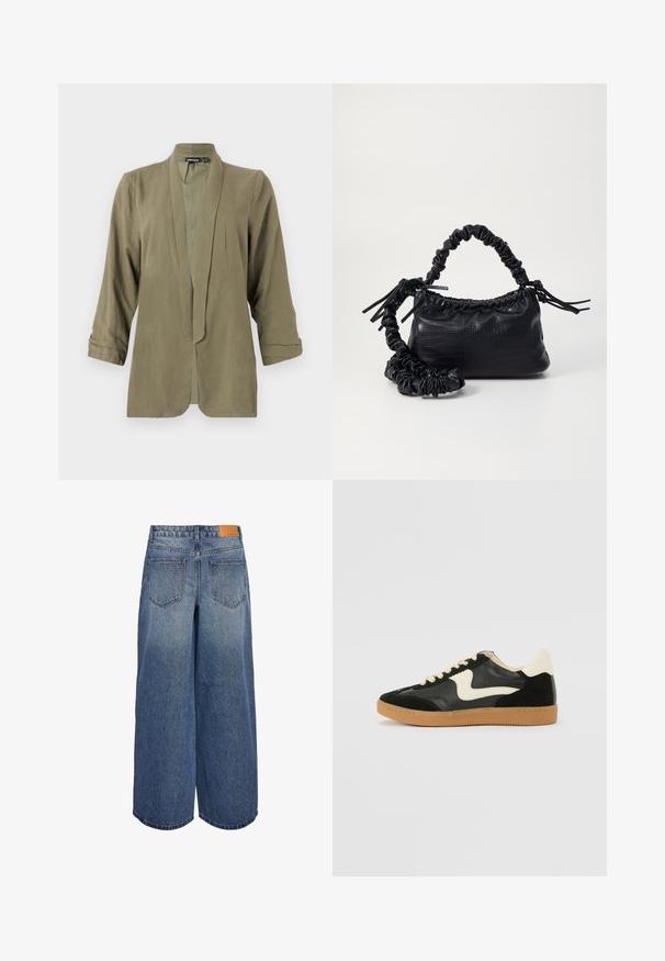 Blazer leggero verde oliva, design aperto davanti, maniche a tre quarti, texture morbida, con pieghe frontali, senza chiusure né motivi.; Crop top in maglia color avorio. Maniche lunghe con texture a coste e piccoli dettagli con tagli intorno al colletto.; Culotte in denim a gamba larga in un lavaggio blu medio con una texture sbiadita, dotate di due tasche posteriori e un'etichetta in pelle marrone del marchio sulla vita.; Sneaker nera in suede e pelle con un sorriso laterale crema e un tallone di un leggero crema. Presenta lacci beige e una suola in gomma color caramello.; Borsa a tracolla in ecopelle nera con texture a coccodrillo, apertura cinchata e tracolla arricciata. Si presenta con un design morbido e compatto.