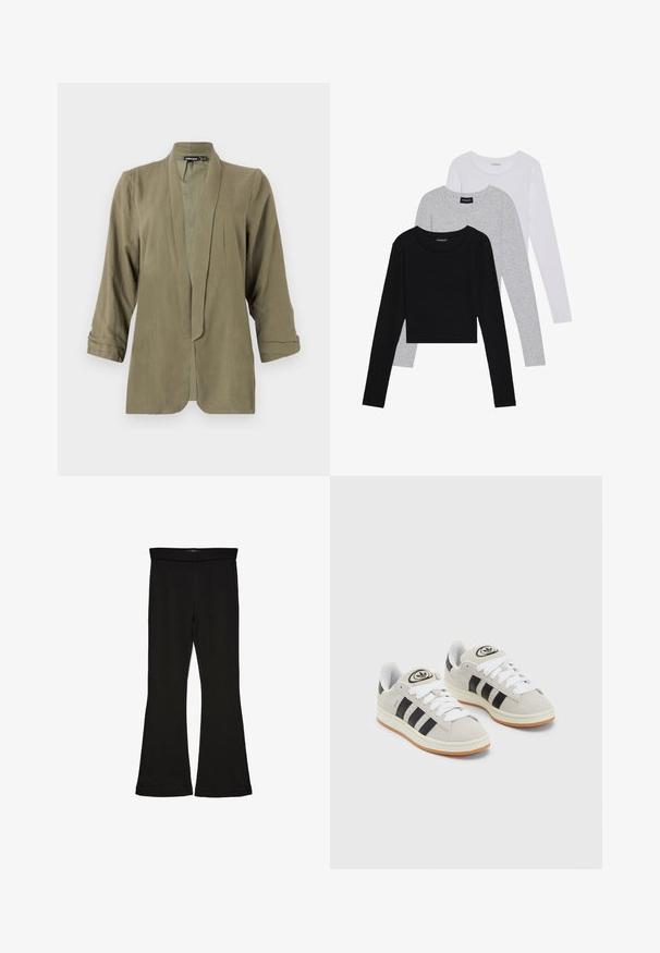 Maslinasto zelena lagana sako jakna, otvoreni prednji dio, rukavi do tri četvrtine, mekana tekstura, s plisiranim detaljima na prednjem dijelu, bez kopčanja ili uzoraka.; Tri dugih rukava posložena: crna, siva i bijela. Svaka ima okrugli izrez i skrateni kroj s glatkom, laganom tkaninom.; Crne hlače na tregere od rastezljivog materijala. Imaju širok pojas i glatku teksturu, s uskim krojem koji se širi na rubu.; Sive suede tenisice s bijelim vezicama, crnim prugama i bijelim gumiranim potplatom. Imaju kružni logo na jeziku i gumeni potplat.
