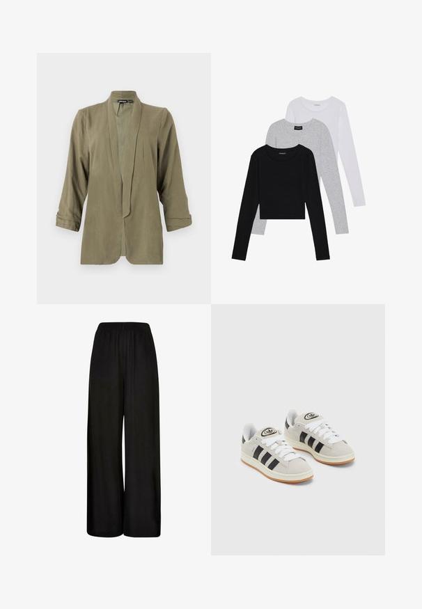 Olive green lightweight blazer, open front design, three-quarter sleeves, soft texture, featuring pleats on front, no fastenings or patterns.; Three long-sleeve tops stacked: black, grey, and white. Each has a round neckline and a cropped design with smooth, lightweight fabric.; Black wide-leg trousers made of a smooth fabric. Features an elastic waistband and a loose, flowing fit for comfort and ease of movement.; Gray suede sneakers with white laces, black stripes, and a white rubber sole. Features a circular logo on the tongue and a gum sole.