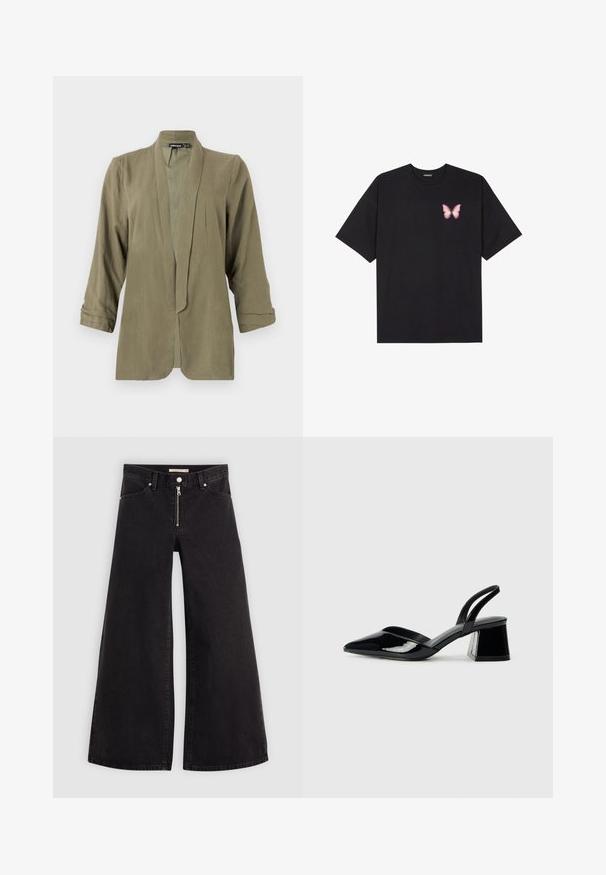 Blazer leggero verde oliva, design aperto davanti, maniche a tre quarti, texture morbida, con pieghe frontali, senza chiusure né motivi.; T-shirt nera in cotone con maniche corte, caratterizzata da una piccola grafica di una farfalla rosa sul lato sinistro del petto. Design a girocollo con una vestibilità rilassata.; Jeans a gamba larga in denim nero con chiusura a zip, design a cinque tasche e dettagli di cucitura sottili. Texture morbida e stile casual.; Décolleté in vernice nera con punta affusolata e tacco in geometria cubica. Presentano un design elegante e minimalista, con una texture liscia.