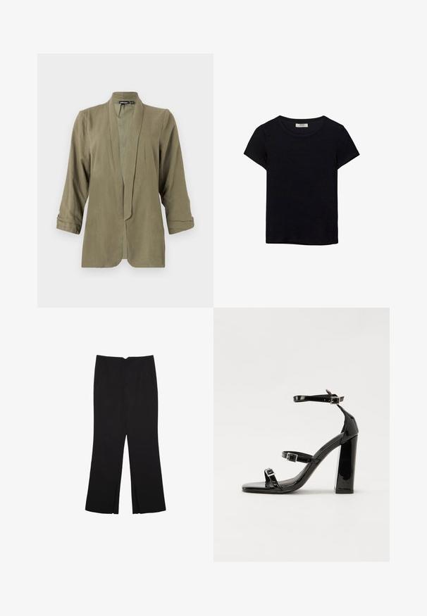 Olive zelený ľahký blazer, otvorený predný dizajn, trojštvrťové rukávy, jemná textúra, s plisovaním na prednej strane, bez zapínania alebo vzorov.; Čierne tričko s krátkym rukávom vyrobené z jemného materiálu. Má klasický okrúhly výstrih a voľný strih. Bez vzorov alebo akcentov.; Čierne nohavice so strihom rovného strihu, s prednými vreckami a bočnými rozparkami na leme. Vyrobené z mäkkej, hladkej tkaniny. Vhodné na rôzne príležitosti.; Čierne lakované sandále na podpätku so štvorcovou špičkou, navlečenými remienkami okolo členku a striebornými prackami. Disponujú masívnym blokovým podpätkom pre stabilitu.
