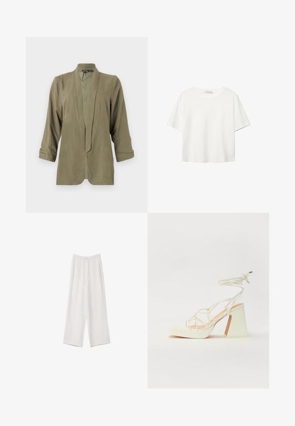 Maslinasto zelena lagana sako jakna, otvoreni prednji dio, rukavi do tri četvrtine, mekana tekstura, s plisiranim detaljima na prednjem dijelu, bez kopčanja ili uzoraka.; Bijela majica kratkih rukava od pamuka. Ima okrugli izrez i opušteni kroj. Glatka tekstura bez vidljivih uzoraka ili naglasaka.; Bijele hlače širokih nogavica napravljene od lagane tkanine. Imaju elastičan pojas s ušicom i bočne džepove. Glatka tekstura.; Bijela sandala na visokoj potpetici s debelim petom, s remenom i vezanjem oko gležnja. Glatka tekstura s platformom sprijeda za dodatnu visinu.