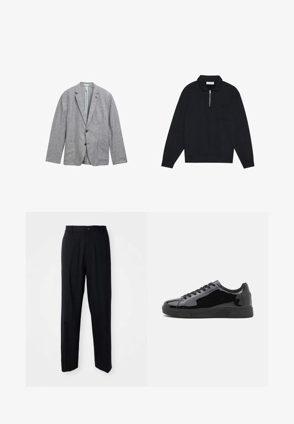 Grijze blazer van gebreide stof, met twee voorzakken, een sluiting met één knop en een lichtblauwe voering.; Pier One Sweater - black; Zwarte rechte broek met riemlussen, knoopsluiting en een strakke, minimalistische uitstraling op een neutrale achtergrond.; Zwarte gepoetste lederen sneakers met een ronde neus, platte rubberen zool en zwarte veters. Glad, glanzend oppervlak op de bovenzijde.