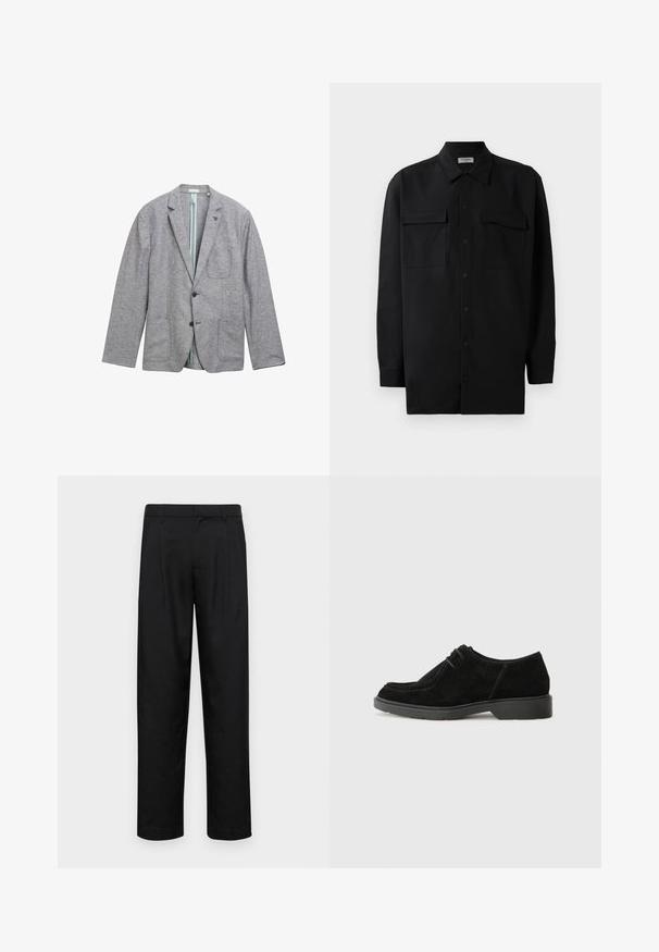 Pelēks žakets, izgatavots no teksturēta auduma, ar divām priekšējām kabatām, vienas pogas aizdari un gaiši zilu odere.; Melnā pogu krekla, kas izgatavota no gludas auduma, ar klasisku apkakli, divām priekšējām kabatām un garām piedurknēm ar pogu aprocēm.; Melnas bikses, izgatavotas no gludas auduma, ar taisnu kāju dizainu, divām priekšējām krokām un standarta jostu, kurai ir āķi.; Melnas zamša kleitu kurpes ar noapaļotu pirkstu, kontrastējošu šuvju un gumijas zoli. Ievērojams minimālais auklu dizains un gludā augšdaļa.