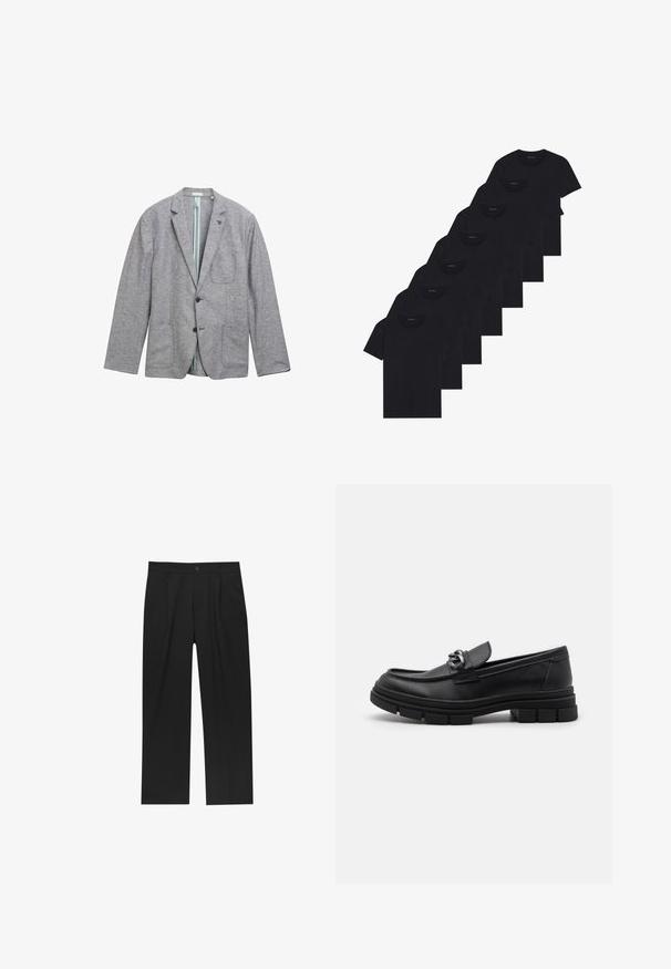 Blazer grigio realizzato in tessuto texturizzato, con due tasche frontali, chiusura a un bottone e fodera blu chiaro.; Set di otto t-shirt nere in cotone con maniche corte e collo a giro, caratterizzate da un design semplice e una texture morbida.; Pantaloni neri con un design a gamba dritta, realizzati in un tessuto liscio. Presentano pieghe frontali e una chiusura a un bottone in vita.; Mocassino in pelle nera con punta arrotondata, una fascia decorativa e accessori in metallo, e una suola spessa e testurizzata. Finitura liscia con dettagli sottili.