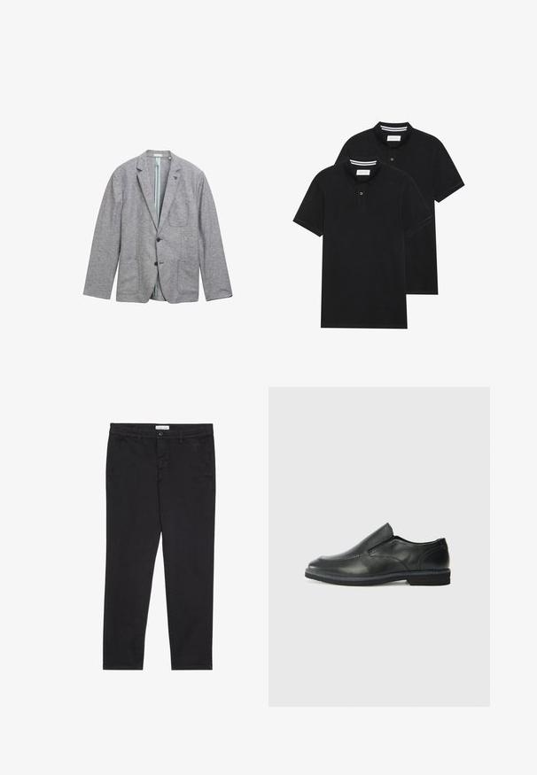 Szürke zakó, texturált szövetből készült, két elülső zsebbel, egygombos záródással és világoskék béléssel.; Két fekete pólóing, rövid ujjú, pamut anyagból készült, klasszikus gallérral, két gombos gombolással, és fehér csíkos díszítéssel a gallér belső részén.; Fekete pamut nadrág, slim fit fazonban, két oldalsó zsebbel és elülső gombos zárással. Textúrált anyag finom részletekkel.; Fekete bőr, slip-on cipő sima felsőrésszel, varrott díszítéssel, lekerekített orral és alacsony gumitalppal. A talpa minimális bordázattal rendelkezik.