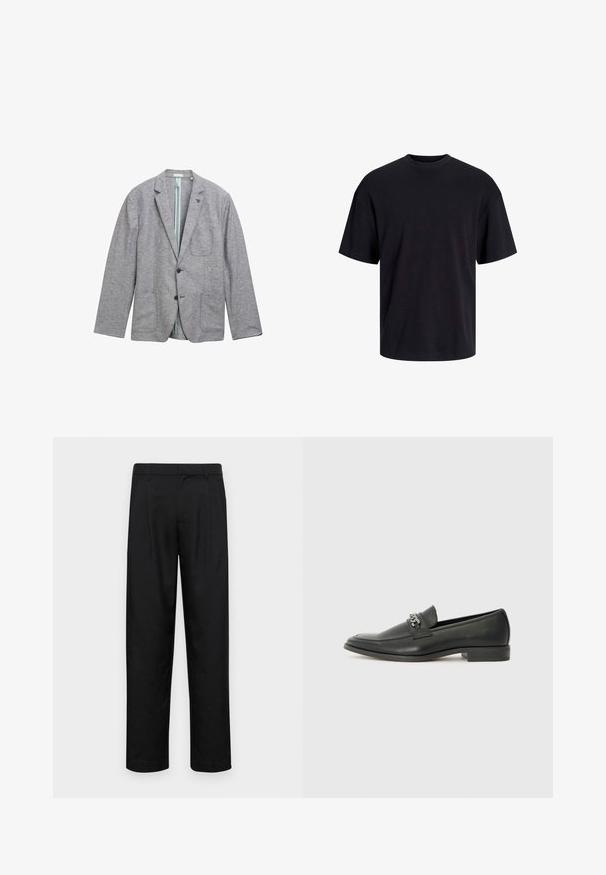 Harmaa bleiseri, joka on valmistettu teksturoidusta kankaasta, ja siinä on kaksi etutaskua, napiton sulku ja vaaleansininen vuori.; Musta puuvillapaita, jossa on pyöreä kaula-aukko, lyhyet hihat ja rento muotoilu. Yksinkertainen ja sileä pinta, ilman näkyviä kuvioita tai koristeita.; Mustat housut, jotka on valmistettu sileästä kankaasta, suoran lahkeen muotoilulla, kahdella etupleekillä ja tavanomaisella vyötäröllä, jossa on vyölenkit.; Musta nahkakengät, joissa on sileä pinta, koristeelliset ompeleet ja metalliketjun yksityiskohta kengän päällä. Littee korko.