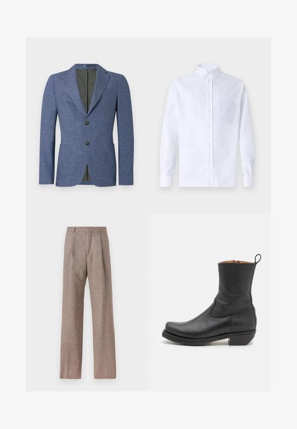 Blå blazer med et struktureret stof, to frontlommer, spidse revers og to knapper. Indvendigt er den foret med ensfarvet grøn.; Hvid langærmet skjorte med knapper lavet af bomuld, med en brystlomme med tonal broderi, krave og knapmanchetter.; Brune, højtaljede bukser lavet af tekstureret stof. Har brede ben og to frontfoldninger for struktur. Pæn finish uden synlig hardware.; Sort læder ankelstøvle med en glat overflade, slank profil, sidesyning og en lav kvadratisk hæl. Har en løftestrop bagpå.