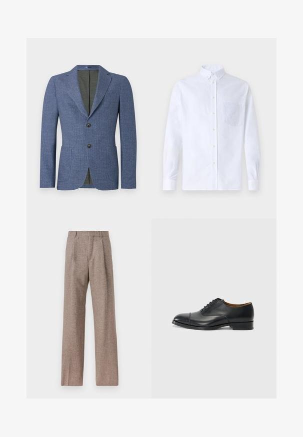 Plavi blejzer s teksturiranom tkaninom, dva prednja džepa, reveri s izrezom i dva dugmeta. Unutrašnjost je obložena u čvrstu zelenu boju.; Bijela košulja s dugim rukavima na dugme, izrađena od pamuka, s džepom na prsima s ton-sur-ton vezom, ovratnikom i dugmadi na manžetama.; Smeđe, hlače viskog struka od teksturiranog materijala. Imaju široke nogavice i dva prednja pregiba za strukturu. Uređen završetak bez vidljivih metalnih dijelova.; Crne kožne cipele s glatkom završnom obradom, zaobljenim nosom, pet rupica za vezivanje vezica i niskim blok potplatom. Minimalistički dizajn s suptilnim šavovima.