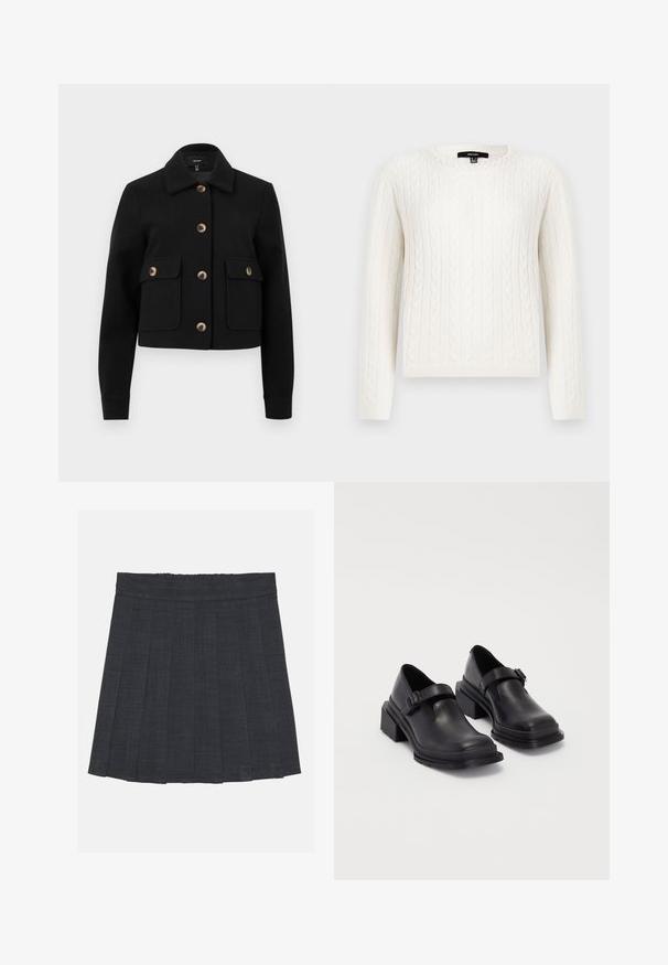 Čierna skrátená bunda vyrobená z textúrovaného materiálu, s golierom, štyrmi prednými vreckami a hnedými gombíkmi na zapínanie a detaily.; Biely sveter s pleteným vzorom, ktorý má dlhé rukávy, okrúhly výstrih a ozdobný perlový prvok na golieri. Mäkko sa nosí a je priliehavého strihu.; Tmavošedá skladaná sukňa s elastickým pásom, s textúrovanou tkaninou a klasickým A-línkovým strihom. Vhodná na neformálne nosenie.; Čierne kožené topánky s okrúhlou špičkou, plochou podrážkou a remienkom s detailom pracky. Hrubý blokový opätok pre väčšiu stabilitu.