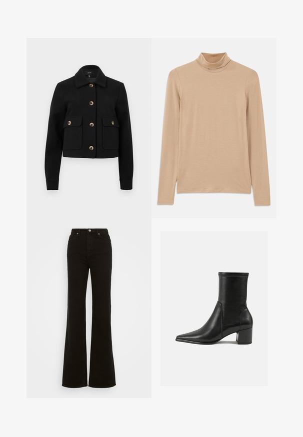 Crna skraćena jakna od teksturiranog materijala, s ovratnikom, četiri prednja džepa i smeškim dugmadi za zatvaranje i detalje.; Beženi dolgi rukav turtleneck top napravljen od meke, teksturirane tkanine; ima uski kroj i visoki ovratnik. Nema vidljivih uzoraka ili hardverskih detalja.; Visoke crne široke traperice od denima, sa zakopčavanjem na dugme, bočnim džepovima i glatkom teksturom.; Crne gležnjače od glatke kože, s šiljastim prstom, blok petom i izraženim uvećanim šavom na gornjem rubu.