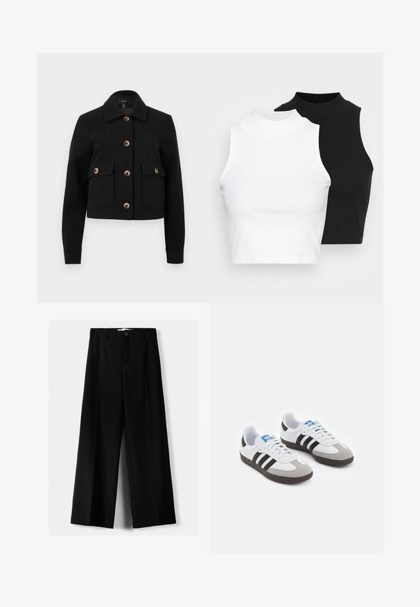 Black cropped jacket made of textured fabric, featuring a collar, four front pockets, and brown buttons for closure and detail accents.; Two sleeveless ribbed turtleneck tops in black and white, featuring a fitted design and smooth texture, with cropped length.; Black wide-leg trousers made of lightweight fabric, featuring a front button closure and flat front, with neatly stitched hems.; Sport shoes with a white leather upper, gray suede toe, and three black stripes. Features a blue logo on the tongue and a textured rubber sole.