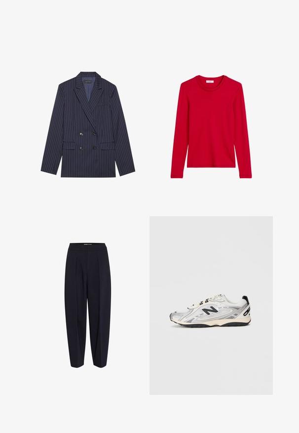 Divkrāsu zila žakete ar baltām svītrām, ar iegrieztiem atkārtotiem apmalēm, divām priekšējām kabatām un sešām melnām pogām, ar gludu auduma tekstūru.; Sarkana garu piedurkņu krekls, izgatavots no gludas kokvilnas. Tam ir apaļa kakla izgriezums un vienkārša forma, bez rakstiem vai apdarei.; Tumši zilie bikses ar augstu jostasvietu, ar priekšējiem krokām un sašaurinātu kāju dizainu. Izgatavotas no gludas auduma bez redzamām detaļām vai rakstiem.; Pelēki un balti sporta apavi ar noapaļotu purngalu, izgatavoti no sieta un sintētiskajiem materiāliem, ar melniem akcentiem un teksturētu gumijas zoli.