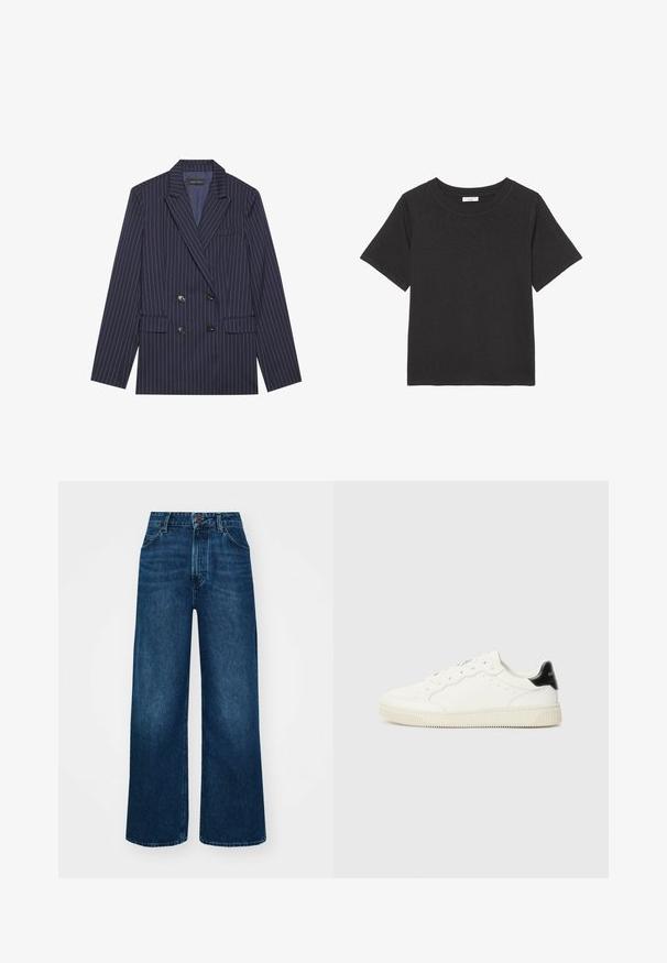 Divkrāsu zila žakete ar baltām svītrām, ar iegrieztiem atkārtotiem apmalēm, divām priekšējām kabatām un sešām melnām pogām, ar gludu auduma tekstūru.; Melnā T-kreklā, izgatavotā no mīkstas auduma, ir apaļš kakls un īsas piedurknes. Dizains ir vienkāršs, bez redzamām rakstām vai akcentiem.; Augsti vidukļa, plata kāju džinsi tumši zilā denima ar gludu tekstūru, kontrastējošu šuvju un piecu kabatu dizainu. Priekšpuses pogu aizdare.; Baltas ādas sporta apavi ar noapaļotiem pirkstiem, ar auklām priekšā, perforētiem elementiem un melnu papēža akcentu. Tekstūru gumijas zole.