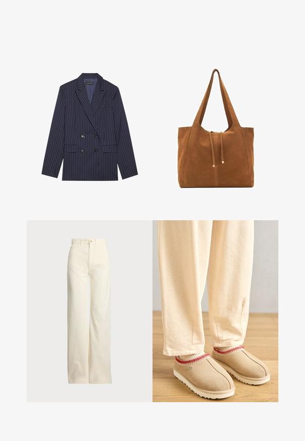 Blazer doppiopetto blu navy con righe bianche, rever a punta, due tasche anteriori e sei bottoni neri, con un tessuto dalla texture liscia.; Maglietta bianca in cotone a maniche corte, con un logo ricamato nero "POLO" sul davanti. Design semplice e squadrato.; Polo Ralph Lauren COTTON CORDUROY WIDE-LEG PANT - Pantaloni - warm white; Zoccoli in suede color nocciola con un bordo decorativo rosso e suola in gomma bianca, abbinati a pantaloni beige chiaro, posati su un pavimento di legno.; Borsa a tracolla in suede marrone con due lunghe cinghie, chiusura con cordoncino e design minimalista. Texture liscia e senza elementi hardware visibili.