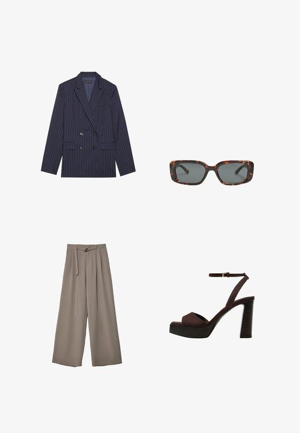 Dvojvrstveni mornarsko modri blazer z belimi črtami, s poševnimi reverji, dvema sprednjima žepoma in šestimi črnimi gumbi, ki ima gladko teksturo tkanine.; Rjava kratka majica s kratkimi rokavi iz mehkega materiala, s krožnim izrezom in ohlapnim krojem. Brez vidnih vzorcev ali dodatkov.; Široke hlače iz mehke, umirjene sive tkanine, z pasom, ki ga je mogoče zavezati, in z gubami za dodatne oblikovne podrobnosti. Gladka tekstura, brez vzorcev.; Rjave semiš sandale z visoko peto, odprto spredaj, z nastavljivim gležnjenjem in črtastim podplatom.; Sonce, ki je oblikovana v tortoščkovem vzorcu, ima pravokotne leče, debele okvirje in temne leče. Ima gladko teksturo in minimalističen dizajn.