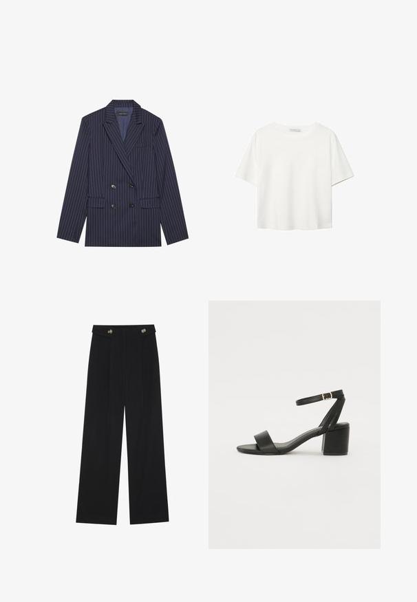 Blazer doppiopetto blu navy con righe bianche, rever a punta, due tasche anteriori e sei bottoni neri, con un tessuto dalla texture liscia.; T-shirt bianco a maniche corte realizzato in cotone. Presenta un collo tondo e una vestibilità rilassata. Texture liscia senza motivi o dettagli visibili.; Pantaloni neri a gamba larga con vita alta, dettagli con bottoni in vita e pieghe frontali.; Sandalo nero con tacco alto, caratterizzato da una tomaia in pelle liscia, punta aperta, ampie fasce frontali e cinturino a caviglia regolabile con un dettaglio in fibbia dorata.