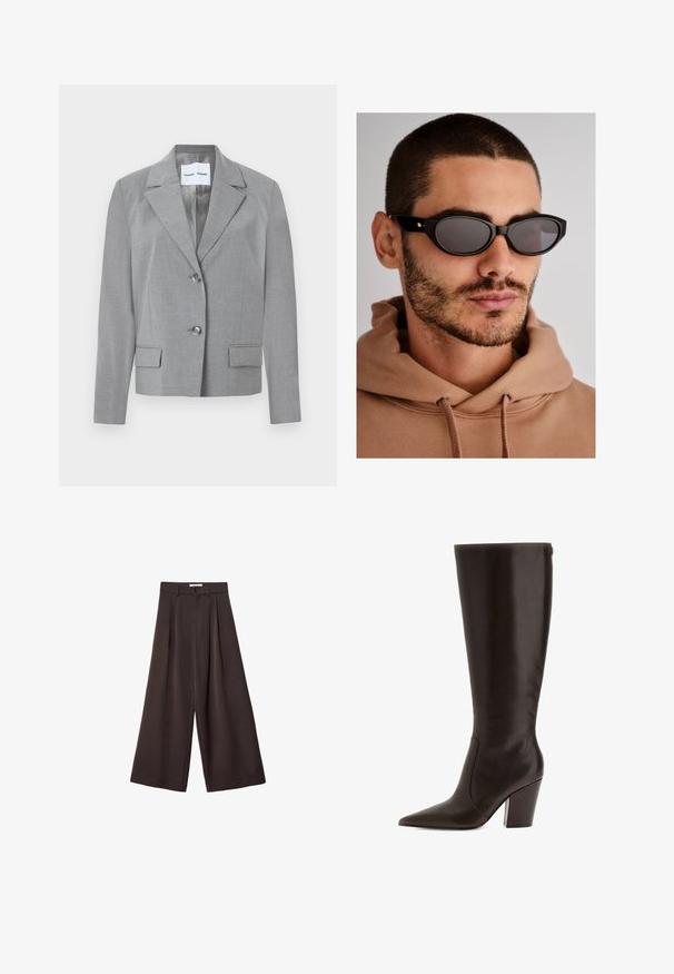 Gray tailored blazer featuring a notched collar, two-button closure, and two front pockets with a smooth texture. Lined interior.; Black turtleneck sweater in a soft knit fabric. Features long sleeves and ribbed cuffs and hem. Simple, classic design with no patterns.; Black wide-leg trousers with a high waist, featuring front pleats and a button closure at the waist, made from smooth fabric.; Brown leather knee-high boot with a pointed toe and block heel. Features a smooth texture and side zipper for easy wear.; Black sunglasses with an oval lens shape, dark tinted lenses, and a thick frame. Subtle gold hardware accents on the temples.; Black woven handbag with a rounded shape, textured surface, and a single top handle. Features a sleek, minimalist design with no visible hardware.