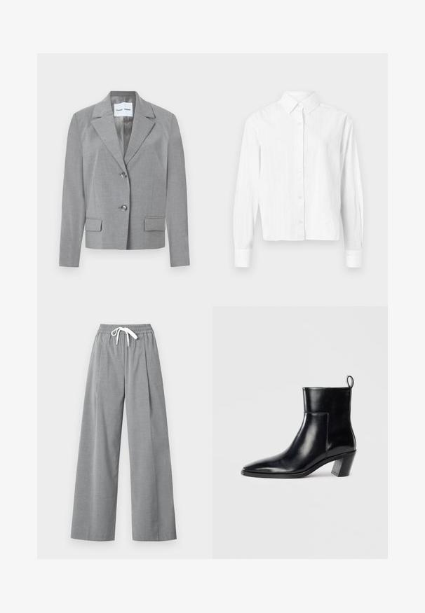 Blazer gris sur mesure avec un col en notch, fermeture à deux boutons et deux poches avant au toucher lisse. Doublure intérieure.; Chemise blanche à boutons, fabriquée en tissu léger. Présente des manches longues, un col classique et des rayures verticales discrètes. Design court.; Pantalons gris à jambes larges en tissu léger, avec un devant plissé et une taille élastique dotée d'un cordon de serrage blanc.; Bottine en cuir noir avec un bout pointu, un talon empilé géométrique et une languette à l'arrière. Texture lisse et design épuré.