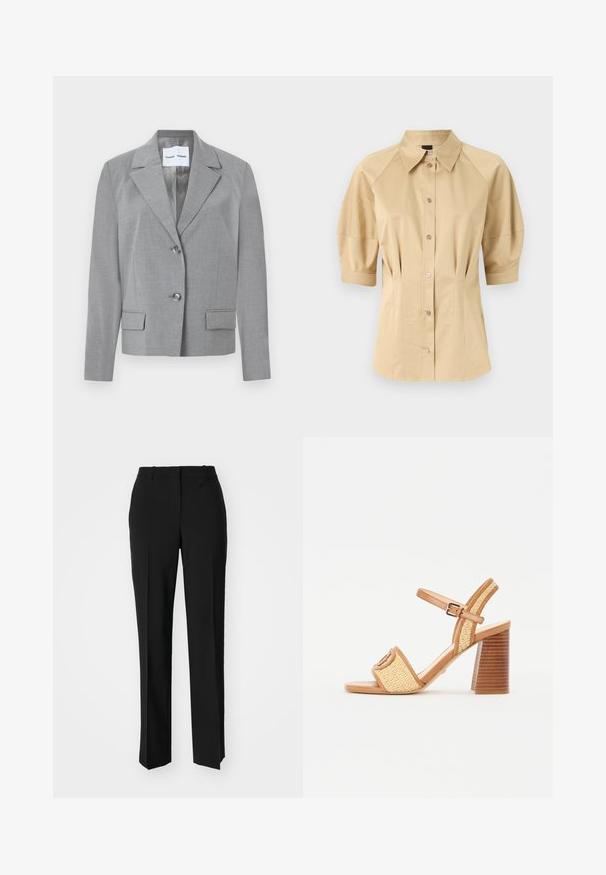 Siv dizajnirani sako z zareznim ovratnikom, zapenjanjem na dva gumba in dvema sprednjima žepoma z gladko teksturo. Podložen notranji del.; Bež srajca s kratkimi pihastimi rokavi, razpršeno ovratnikom in šivalnimi detajli. Narejena iz gladkega materiala s sprednjim gumbom.; Črne krojene hlače s direktnim krojem, ki se ponašajo z gladko teksturo in ostrimi pregibi spredaj. Ni vidne kovine.; Bralni usnjeni sandali s peto in tkano slamo, ki imajo trak okoli gležnja, odprto prst in masivno leseno peto s horizontalnimi črtami.