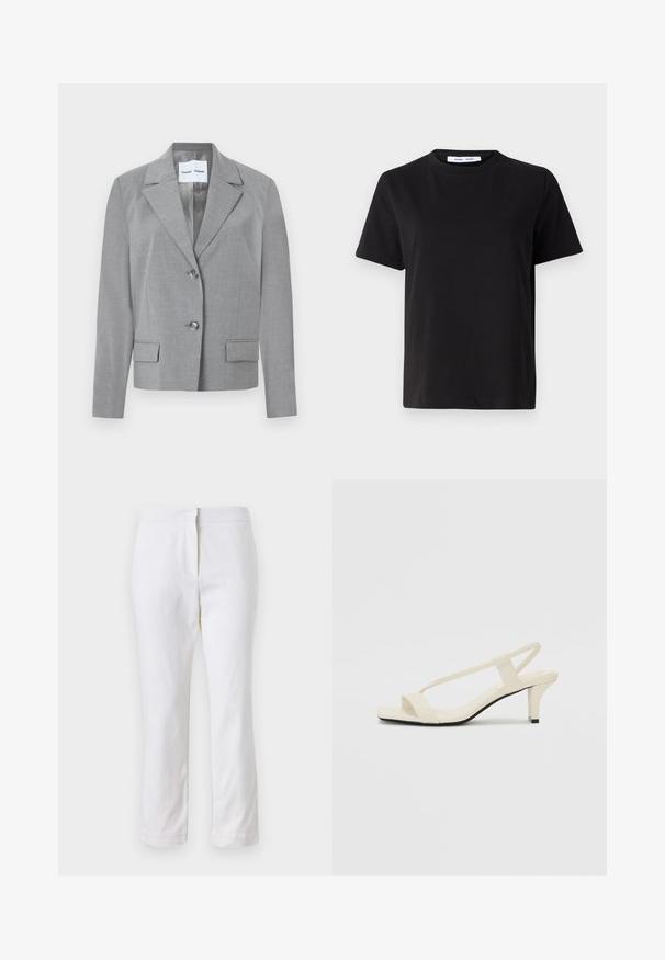 Blazer grigio su misura con colletto a risvolto, chiusura a due bottoni e due tasche frontali con una finitura liscia. Interno foderato.; T-shirt nero a maniche corte realizzato in morbido cotone, con scollatura rotonda, vestibilità rilassata e una superficie liscia. Nessun motivo o grafica visibile.; Pantaloni bianchi in cotone con design a gamba dritta, caratterizzati da una vita a media altezza e senza hardware o motivi visibili. Tessuto liscio su tutta la superficie.; Sandali con tacco a blocco beige, con sottili cinturini e punta quadrata. Materiale liscio con dettagli minimi, progettati per un facile utilizzo.