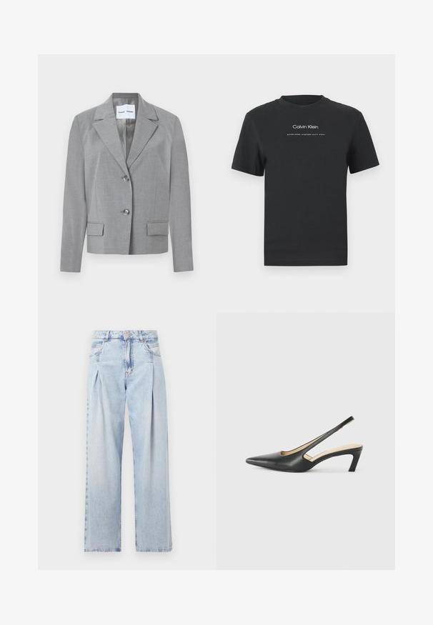 Blazer gris sur mesure avec un col en notch, fermeture à deux boutons et deux poches avant au toucher lisse. Doublure intérieure.; T-shirt en coton noir avec un col rond, des manches courtes, et un logo "Calvin Klein" imprimé en blanc ainsi que le texte "Established 1968".; Jeans en denim bleu clair avec taille haute, coupe large, deux poches latérales et design plissé. Texture douce avec une finition décolorée.; Slingback noir à bout pointu avec un petit talon, en cuir lisse et doté d'un design découpé sur le côté pour plus de respirabilité.