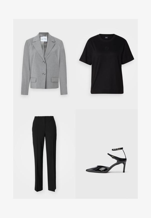 Grauer maßgeschneiderter Blazer mit geknöpftem Revers, Zwei-Knopf-Verschluss und zwei vorderen Taschen mit glatter Textur. Gefüttertes Innere.; Schwarzes Baumwoll-T-Shirt mit Rundhalsausschnitt, kurzen Ärmeln und aufgesticktem Logo auf der Brust. Einfacher, lässiger Schnitt ohne Muster.; Schwarze, taillierte Hose mit geradem Bein, aus einem glatten Stoff und mit klaren Falten an der Vorderseite. Keine sichtbare Hardware.; Schwarze Lacklederabsätze mit spitzer Zehenpartie, verstellbaren Knöchelriemen und einem schlanken Absatz. Glatte Textur mit glänzender Oberfläche.