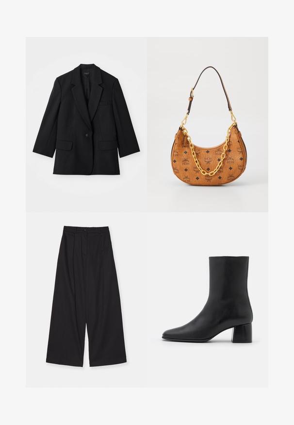 Czarny żakiet z pojedynczym zapięciem na guzik, z wyłogami na klapach i dwoma przednimi kieszeniami. Charakteryzuje się dopasowanym krojem i teksturą materiału.; Beżowy sweter dziany z głębokim dekoltem w serek, długimi rękawami i dopasowaną talią, z dwoma dużymi okrągłymi guzikami z przodu.; Bez rękawów top w golf z pionowymi czarno-białymi paskami, wykonany z teksturowanej dzianiny, z wysokim, dopasowanym kołnierzem.; Czarne spodnie o szerokim kroju wykonane z gładkiego materiału, z wysokim stanem, plisami z przodu, zapięciem na guziki i prostym krojem.; Czarne skórzane botki za kostkę z ostrym noskiem i masywnym kwadratowym obcasem. Gładka faktura z bezszwowym designem i minimalnym przeszyciem.; Brązowa skórzana torebka w kształcie półksiężyca z czarnymi logo MCM, złotym detalem łańcucha i regulowanym paskiem na ramie na białym tle.