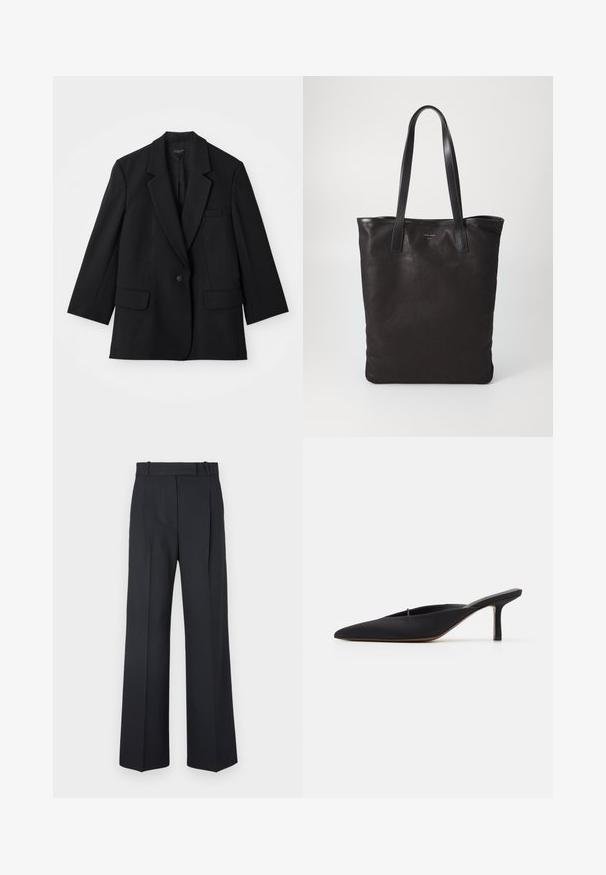 Schwarzes Blazer mit einem Ein-Knopf-Verschluss, Reverskragen und zwei Fronttaschen. Verfügt über eine taillierte Form und Stoffstruktur.; Grau gestrickter Pullover mit Stehkragen aus weichem Material, lange Ärmel, gerippter Hals und Saum sowie einem lockeren Schnitt. Glatter Textur und schlichtes Design.; Dunkelblaue Nadelstreifenhosen mit hoher Taille, weit geschnittenem Bein und ohne sichtbare Beschläge oder Verzierungen. Glatte Textur und taillierte Passform.; Schwarze spitz zulaufende Mule mit einem eleganten Design, aus glattem Material gefertigt, verfügt über einen schmalen Absatz und eine offene Ferse für ein einfaches An- und Ausziehen.; Schwarze Stofftote mit schwarzen Ledergriffen. Einfaches Design, geräumiger Körper und glatte Textur. Keine sichtbaren Logos oder Muster.