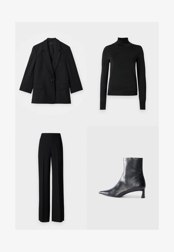 Blazer noir avec une fermeture à un bouton, des revers crantés et deux poches avant. Présente une coupe ajustée et une texture de tissu.; Pull à col roulé noir à manches longues avec des poignets et un ourlet côtelés, présenté sur un fond blanc uni.; Pantalons noirs à jambes larges avec une texture lisse, dotés d'une taille haute et de plis centraux. Pas de motifs visibles ni de détails en matériel.; Bottine en cuir noir avec un bout pointu et un design épuré. Présente un petit talon et une fermeture éclair à l'arrière. Texture lisse.