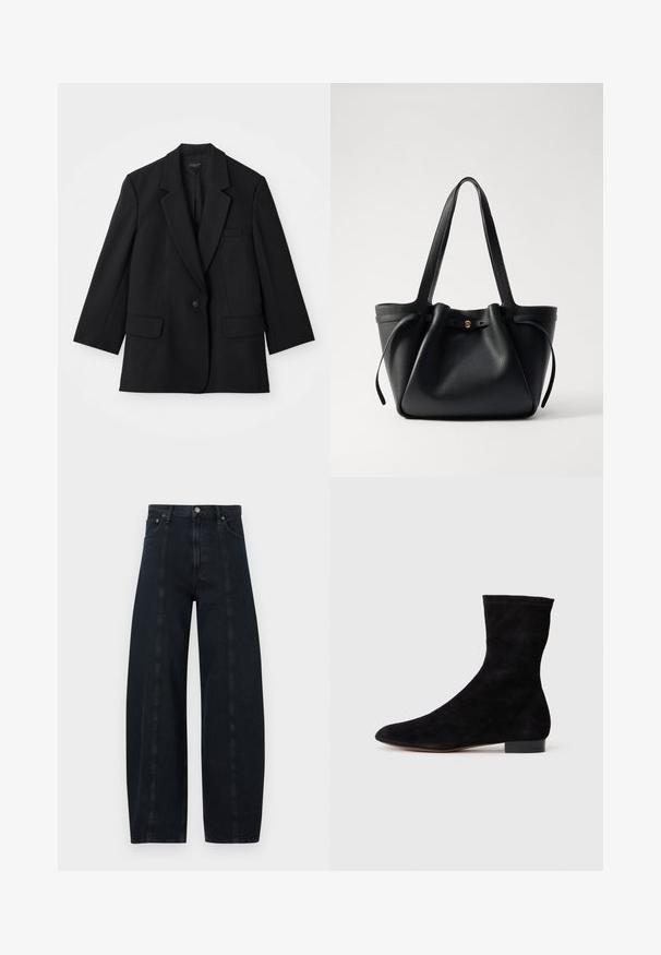 Blazer noir avec une fermeture à un bouton, des revers crantés et deux poches avant. Présente une coupe ajustée et une texture de tissu.; Pull à col roulé noir à manches longues avec des poignets et un ourlet côtelés, présenté sur un fond blanc uni.; Jeans en denim foncé à jambes larges et taille haute, avec des coutures contrastées et un style classique à cinq poches. Texture lisse, sans motifs visibles.; Bottine en suede noir avec une tige ajustée, un bout pointu et un petit talon bloc. Texture lisse et design minimaliste, adaptée à un styling polyvalent.; Sac en cuir noir avec deux longues anses, un haut resserré et un accent circulaire doré. Texture lisse avec un design minimaliste.