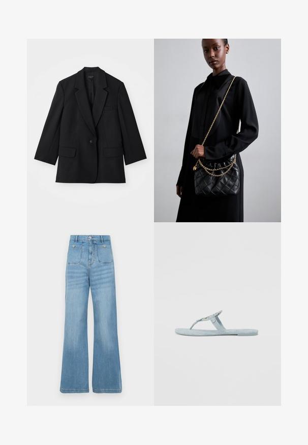 Zwarte blazer met een enkele knoopsluiting, notch revers en twee voorzakken. Heeft een getailleerde vorm en een stoffen textuur.; Zwarte cropped t-shirt van katoen, met een ronde halslijn, korte mouwen en een eenvoudig ontwerp zonder patronen of versieringen.; Lichtblauwe denim jeans met een wijd pootontwerp, voorzien van twee voorkruipzakken en twee achterzakken, afgewerkt met een ruwe zoom en knoopsluiting.; Lichtblauwe slippers van textuurmateriaal. Voorzien van een eenvoudig ontwerp met een teenband en een platte zool. Geen extra accenten of patronen.; Zwarte gewatteerde leren handtas met een gathered bovenkant, gouden kettinghengsel en een rechthoekige vorm, vastgehouden tegen een effen achtergrond.