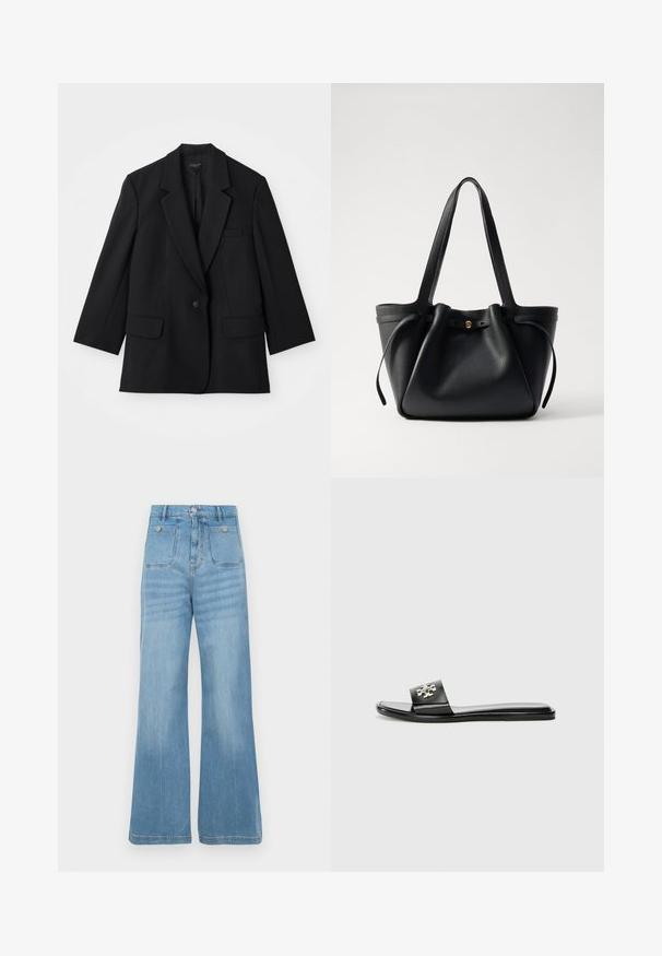 Blazer negro con cierre de un solo botón, solapas de muesca y dos bolsillos frontales. Presenta una forma entallada y textura de tela.; Camiseta de algodón blanca con mangas cortas, que presenta un diseño de bordado floral en la parte delantera y un escote redondo.; Jeans de mezclilla azul claro con un diseño de pierna ancha, que cuentan con dos bolsillos frontales y dos traseros, terminados con un dobladillo sin terminar y cierre de botón.; Sandalia plana negra de material sintético, con una cinta ancha que presenta un acento de logo metálico y un acabado suave y brillante.; Bolsa tote de cuero negro con dos asas largas, parte superior fruncida y un acento circular dorado. Textura suave con un diseño minimalista.