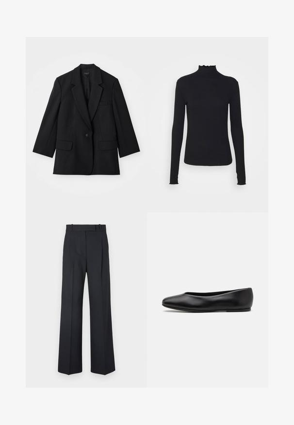 Schwarzes Blazer mit einem Ein-Knopf-Verschluss, Reverskragen und zwei Fronttaschen. Verfügt über eine taillierte Form und Stoffstruktur.; Schwarz, langärmliges Turtleneck-Oberteil aus glattem Material, mit einem gerafften Kragen und einer enganliegenden Silhouette mit einfachen Kanten.; Dunkelblaue Nadelstreifenhosen mit hoher Taille, weit geschnittenem Bein und ohne sichtbare Beschläge oder Verzierungen. Glatte Textur und taillierte Passform.; Paul Smith TOPANGA - Klassischer Ballerina - black