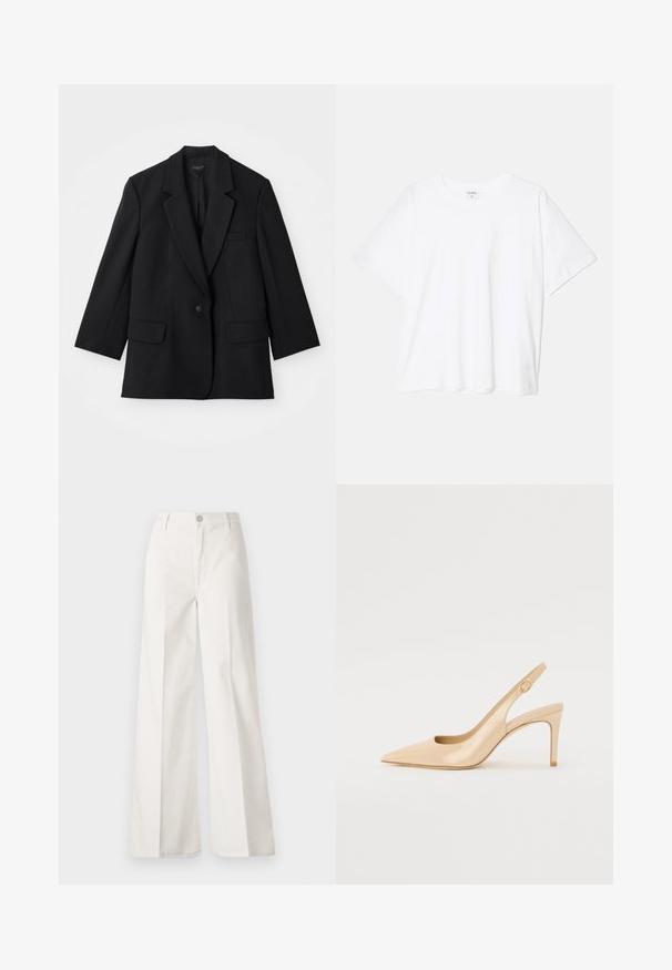 Svart kavaj med enstaka knappstängning, nålkragar och två framfickor. Har en skräddarsydd form och tygtextur.; Vit bomull t-shirt med kort ärm, rund halsringning, avslappnad passform och söm i nederkant. Etikett synlig på insidan av halsen.; Vita vida-byxor gjorda av bomull med en slät textur. Har en framknapp, gylf med dragkedja och fyra fickor.; Nude lackläder slingback-häl med spetsig tå, öppen vamp och en tunn stilettklack. Har en cirkulär guldaccents på remmen.