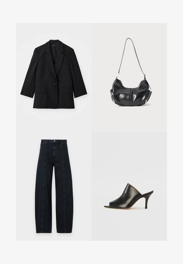 Schwarzes Blazer mit einem Ein-Knopf-Verschluss, Reverskragen und zwei Fronttaschen. Verfügt über eine taillierte Form und Stoffstruktur.; Weißes, geripptes Tanktop mit Rundhalsausschnitt und breiten Trägern, versehen mit einem Etikett mit der Aufschrift "AGOLDE" und der Größe "S".; Weite, dunkelblaue Jeans mit hoher Taille, ausgestattet mit kontrastierenden Nähten und klassischem Fünf-Taschen-Design. Glatte Textur, keine sichtbaren Muster.; Schwarze Leder- offene Zehen-Mules mit einem eleganten, geschwungenen Design, hohem Stiletto-Absatz und glatter Textur. Das Innere weist eine kontrastierende hellere Farbe auf.; Schwarze lederne, mondförmige Schultertasche mit silbernen Reißverschlüssen auf beiden Seiten und einem einzigen Trageriemen.