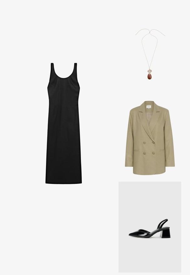 Béžový dvoubarevný blazer vyrobený z texturované látky. Obsahuje klopový límec, dvě přední kapsy a zapínání na knoflíky.; Černé bezrukávové šaty s přiléhavým střihem, vyrobené z hladkého materiálu. Mají zaoblený výstřih a končí ve střední délce lýtek.; Černé lakované kožené lodičky na pásku s špičatou špičkou a geometrickým blokovým podpatkem. Vyznačují se elegantním, minimalistickým designem a hladkým povrchem.; Hnědá kožená taška přes rameno s hladkou texturou, otevřeným designem a dvěma ramenními popruhy. Obsahuje minimální švy a žádné viditelné kovové prvky.; Hnědý slzový přívěsek na tenkém stříbrném vlákně, s kulatým, vzorovaným akcentem nad přívěskem. Hladký povrch, minimalistický design.
