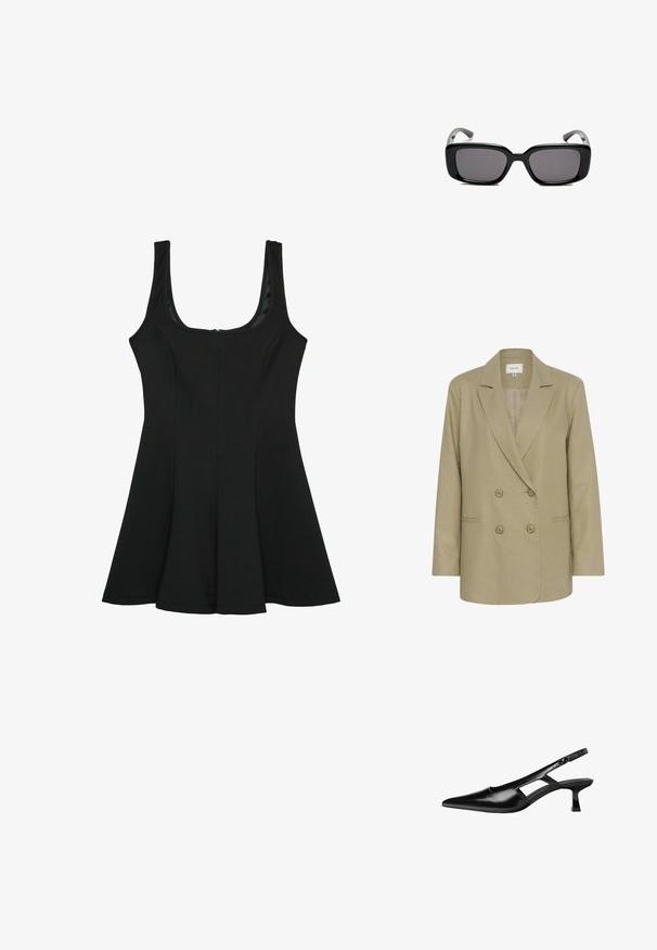 Béžový dvojradový blejzer vyrobený z textúrovanej tkaniny. Obsahuje výstrih s klopami, dve predné vrecká a gombíkovú priepasť.; Čierne bezrukávové šaty s okrúhlym výstrihom. Rozšírený A-línie silueta, vyrobené z hladkej látky, so skrytým zipsom na zadnej strane.; Čierne lakované kožené lodičky na podpätku s špicatou špičkou, výrezovým dizajnom na boku a malým štvorcovým podpätkom. Hladký povrch s minimálnymi akcentmi.; Čierne obdĺžnikové slnečné okuliare s tmavými sklami, hladkým plastovým rámom a zakrivenými stranami. Dizajn je robustný s minimalistickou estetikou.