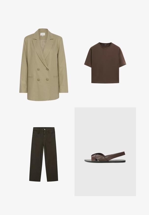 Béžový dvoubarevný blazer vyrobený z texturované látky. Obsahuje klopový límec, dvě přední kapsy a zapínání na knoflíky.; Hnědé bavlněné tričko, krátké rukávy, kulatý výstřih, volný střih, hladká textura, minimalistický design, žádné viditelné vzory ani akcenty.; Tmavě zelené široké džínsy vyrobené z bavlněné směsi, s předním zapínáním na knoflík, pěti kapsami a klasickým denimovým stehem.; Hnědé kožené sandály s křížovým páskovým designem, plochou černou podrážkou a nastavitelným zadním páskem. Hladký povrch a minimální detaily hardwaru.