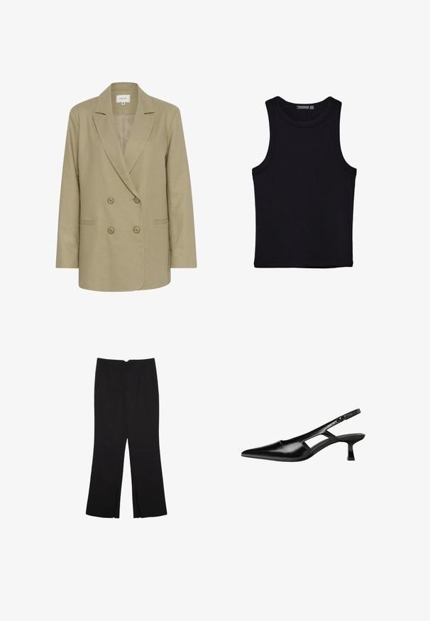 Dvojno zapnjen bež blazer iz teksturirane tkanine. Ima izrezan ovratnik, dve sprednji žepki in gumbasto zapiranje.; Črna majica brez rokavov iz bombaža, z okroglim izrezom in širokimi odprtinami za roke. Gladka tekstura s šivi na robovih. Klasičen, minimalističen dizajn.; Črne hlače ravnega kroja z naglavnimi žepi in stranskimi razporki na robu. Narejene iz mehke, gladke tkanine. Primerne za različne priložnosti.; Črne patentični usnjeni salonarji s slingback designom, z zašiljenim nosom, izrezanim stranskim dizajnom in majhnim kvadratnim peto. Gladka tekstura z minimalnimi detajli.