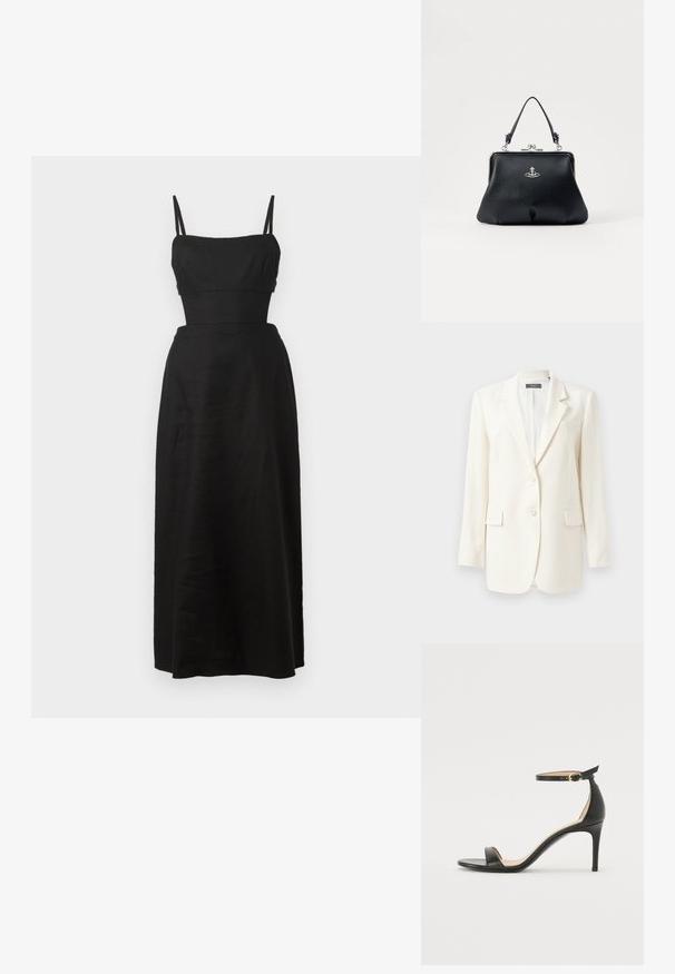 White tailored blazer featuring a notched lapel, two front pockets, button closure, and textured fabric. Classic fit with long sleeves.; Black, sleeveless maxi dress with a fitted bodice and full skirt; made from lightweight fabric, featuring thin adjustable straps.; Black leather high-heeled sandal with an ankle strap. Features a smooth texture, open toe, and a thin heel. Gold-toned buckle detail.; Black leather handbag with a textured surface, silver hardware, clasp closure, and a short handle for carrying. Compact and structured design.