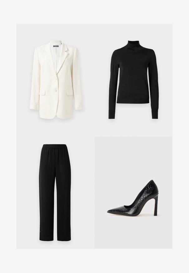 Witte op maat gemaakte blazer met een notch lapel, twee voorzakken, knoopsluiting en een gestructureerde stof. Klassieke pasvorm met lange mouwen.; Zwarte trui met lange mouwen en col, voorzien van geribde manchetten en zoom, weergegeven op een effen witte achtergrond.; Zwartewijdere broek van gladde stof met een elastische tailleband. Kenmerkt zich door een rechte snit en minimale details. Geschikt voor casual wear.; Zwarte puntige hoge hak schoen met een krokodillenleren textuur, met een slank ontwerp, hoge stiletto-hak, en een gladde zwarte binnenkant.