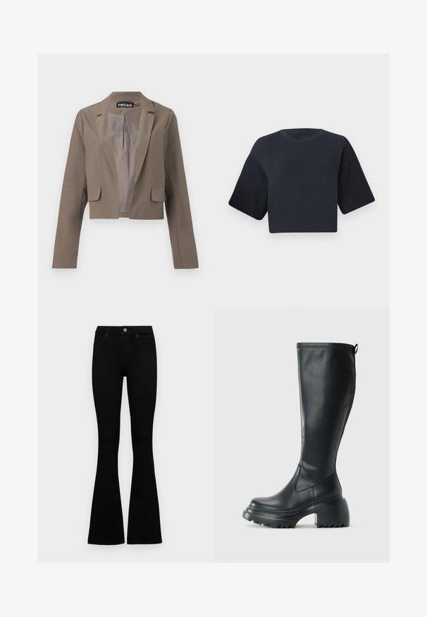 Kürzerer brauner Blazer mit langen Ärmeln, eingekerbten Revers, zwei vorderen Taschen und einem glatten Innenfutter. Schlichtes und modernes Design.; Dunkelblaue cropped Strickjacke mit gerippter Textur, kurzen weiten Ärmeln und rundem Halsausschnitt. Schlichtes Design, keine sichtbaren Muster oder Akzente.; Schwarze hochtaillierte Jeans mit einem Knopf- und Reißverschluss, Fronttaschen und ausgestellten Beinen, flach auf einem weißen Hintergrund ausgelegt.; Hoher schwarzer Lederstiefel mit einer robusten Plateausohle und Blockabsatz, der über eine Zuglasche und ein strukturiertes Profil an der Außensohle verfügt.