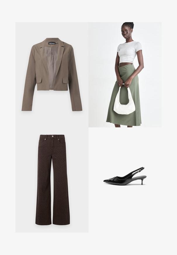 Zkrácený hnědý blazer s dlouhými rukávy, klopami, dvěma předními kapsami a hladkým vnitřním podšívkou. Jednoduchý a moderní design.; Tmavě hnědé tričko s dlouhým rukávem a kulatým výstřihem, těsně přiléhající k tělu, vystavené na bílém pozadí.; Hnědé kalhoty širokého střihu s jemným leopardím vzorem, vyrobené z denimu s hladkou texturou a klasickým designem pěti kapes.; Černé kožené lodičky na slingback s špičatou špičkou, malým podpatkem typu kitten a ozdobným uzlem na přední straně. Hladký povrch po celém obvodu.; Šedý pruhovaný crop top a olivově zelená sukně s vysokým pasem. Modelka drží bílou kabelku přes rameno s výřezovými detaily. Jednoduchý design, přiléhavý silueta.
