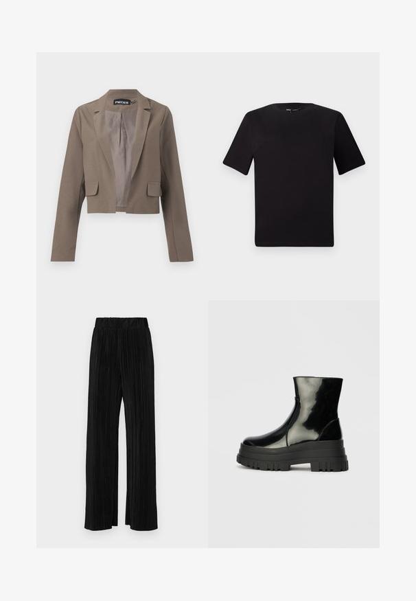 Skriven smeđi sako s dugim rukavima, urezanim reverima, dva prednja džepa i glatkom unutarnjom oblogom. Jednostavan i moderan dizajn.; Crna majica kratkih rukava s okruglim izrezom, izrađena od mekane pamučne tkanine. Jednostavan dizajn, bez vidljivih logotipa ili uzoraka.; Crne plisirane hlače s elastičnim pojasom. Imaju široke nogavice i glatku, teksturiranu tkaninu s vertikalnim prugama.; Crna sjajna čizma do ankleta s debelim zupčastim potplatom i zaobljenim vrhom, bočni pogled na jednostavnoj svijetlosivoj pozadini.
