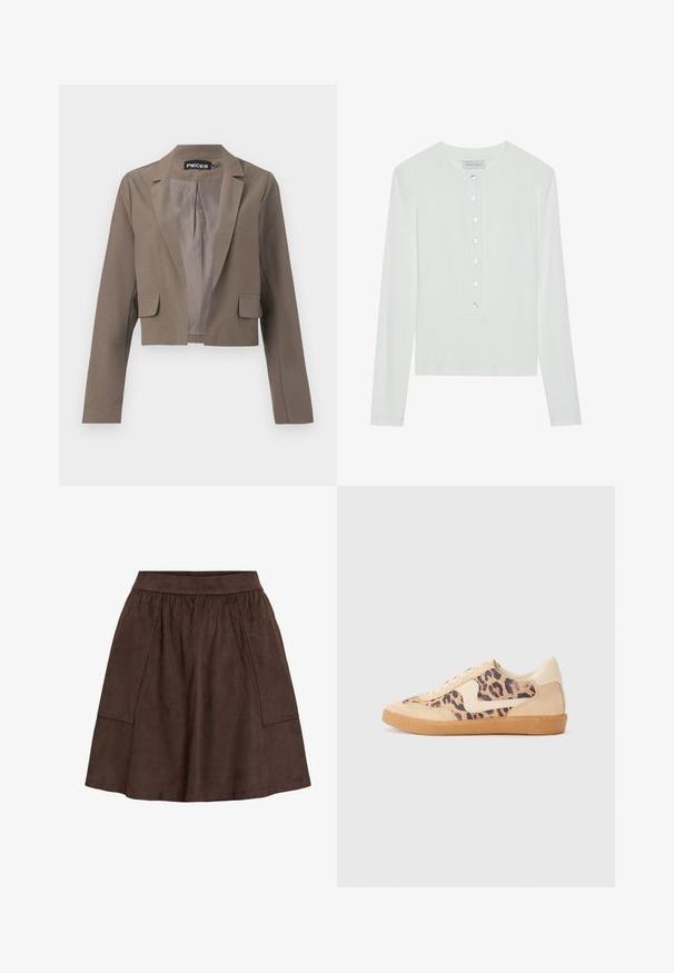Avskuren brun blazer med lång ärm, snedskärda slag, två framfickor och en slät inredningsfoder. Enkel och modern design.; Vit långärmad topp i ribbad tyg, med rund halsringning och en knappad front med sex klara knappar.; Brun mockakjol med elastisk midjeband, utrustad med sidofickor och utsvängd design. Slät textur och knälång längd.; Leopardmönstrade sneakers med överdel i beige mocka, tan gummisula och vita detaljer. Rund tå och snörning med en strukturerad finish.