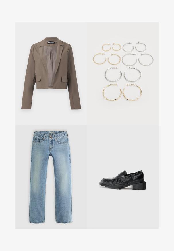 Rövidített barna blézer hosszú ujjal, kivágott hajtókákkal, két elülső zsebbel és sima bélésékkel. Egyszerű és modern dizájn.; Két hosszú ujjú felső. Az egyik fehér, a másik fekete, mindkettő könnyű pamutból készült, széles vízszintes nyakkivágással és slim fit szabással.; Világoskék, egyenes szabású farmernadrág, gombos záródással, öt zsebével és enyhe kopással a lábak mentén.; Fekete bőr loaferek, strukturált talppal, enyhén megemelt blokk sarkúak, texturált felsőrésszel, elöl pánttal rögzítve.; Tizenkét darabból álló fülgyűrű készlet ezüst és arany árnyalatokban. Csavarodott, sima és texturált mintázatokat ölel fel, különböző méretekben és felületekkel.